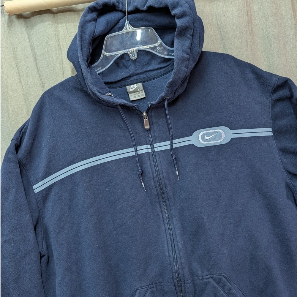 Nike Vintage Full Zip Hoodie Navy Blue Embroidered Oval Swoosh Mens XL Fleece